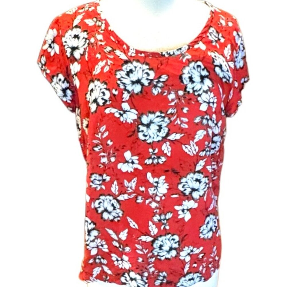 Ava Christine Red White Floral Short Sleeve Blouse Top Large Flowy Lightweight